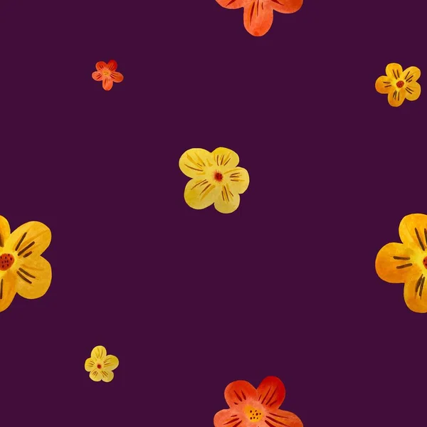 Flower red yellow orange violet pattern. A watercolor illustration. Hand drawn texture and isolated. For to use in design, fabrics, prints, textile, cards, invitations, banners, coupons, vouchers.