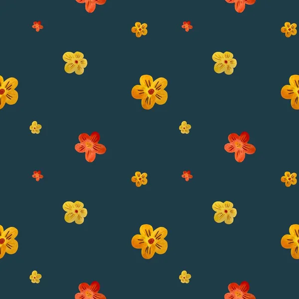 Flower red yellow orange turquoise pattern. A watercolor illustration. Hand drawn texture and isolated. For to use in design, fabrics, prints, textile, cards, invitations, banners, coupons, vouchers.