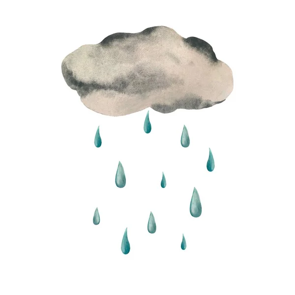Cloud rainy grey drop blue simple sketch. A watercolor illustration. Hand drawn texture and isolated. For to use in design, fabrics, prints, textile, cards, invitations, banners, coupons, vouchers.