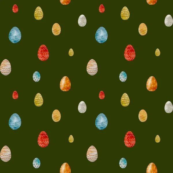 Egg textured Easter colorful seamless pattern. A watercolor illustration. Hand drawn texture, isolated green background. For use in design, fabrics, prints, textile, cards, invitations, banner, coupon