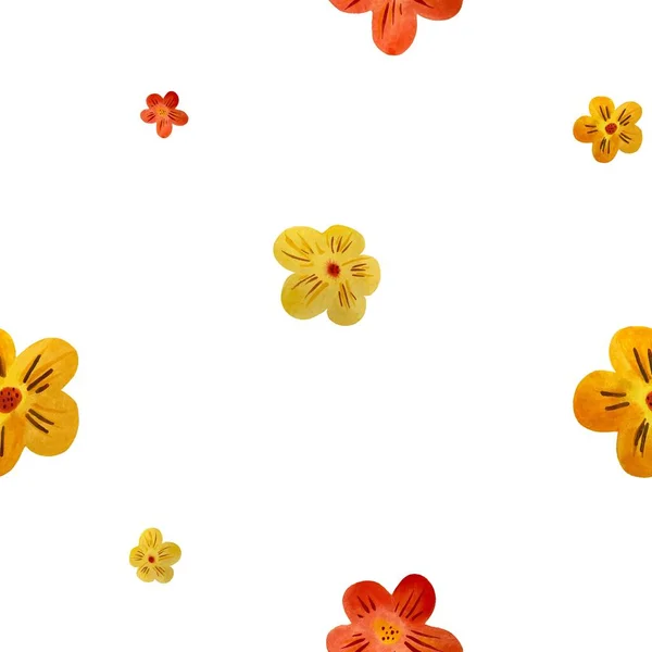 Flower red yellow orange seamless pattern. A watercolor illustration. Hand drawn texture and isolated. For to use in design, fabrics, prints, textile, cards, invitations, banners, coupons, vouchers.