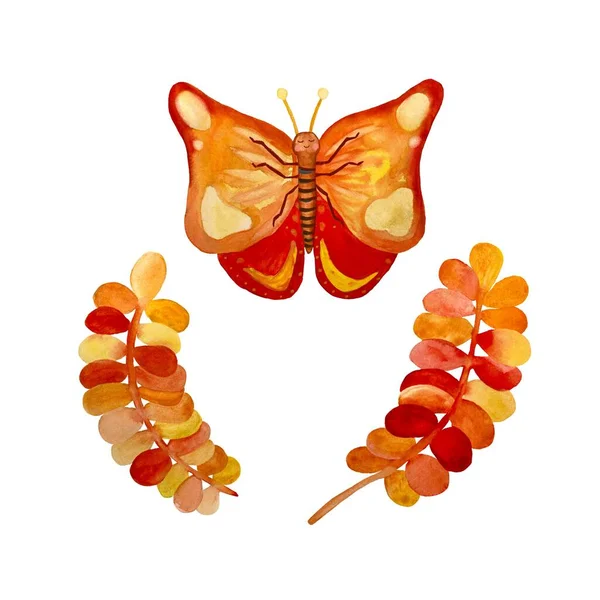 Flower branch butterfly red set sketch. A watercolor illustration. Hand drawn texture and isolated. For to use in design, fabrics, prints, textile, cards, invitations, banners, coupons, vouchers. 