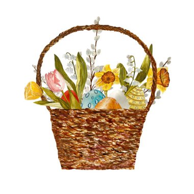 Willow tulip snowdrop egg daffodil basket. A watercolor illustration. Hand drawn texture, isolated white background. For use in design, fabrics, prints, textile, cards, invitations, banners, coupons. 