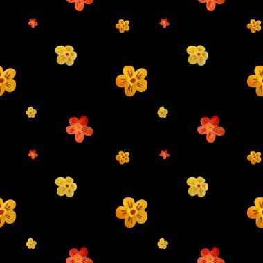 Flower red yellow orange black pattern. A watercolor illustration. Hand drawn texture and isolated. For to use in design, fabrics, prints, textile, cards, invitations, banners, coupons, vouchers. 