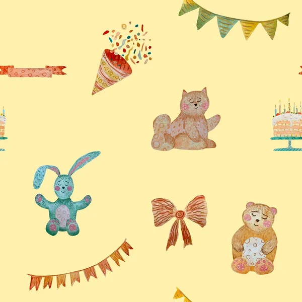 Happy birthday rabbit cat bear bow pattern. A watercolor illustration. Hand drawn texture. Isolated on beige background. For to use in design, fabrics, prints, textile, cards, invitations, banners.