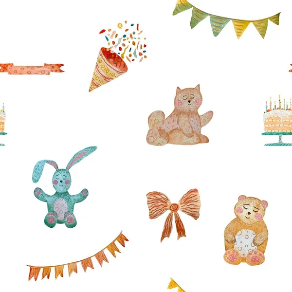 Happy birthday rabbit cat bear cake pattern. A watercolor illustration. Hand drawn texture. Isolated on white background. For to use in design, fabrics, prints, textile, cards, invitations, banners.