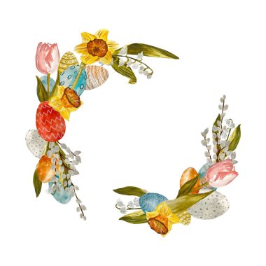 Wreath flower Easter eggs willow tulip snowdrop sketch. A watercolor illustration. Hand drawn texture, isolated white background. For use in design, fabrics, prints, textile, cards, invitations.