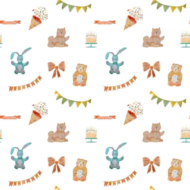 Happy birthday rabbit cat flags cute pattern. A watercolor illustration. Hand drawn texture. Isolated on white background. For to use in design, fabrics, prints, textile, cards, invitations, banners.