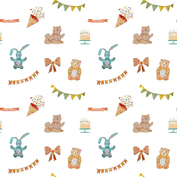 Happy birthday rabbit cat flags cute pattern. A watercolor illustration. Hand drawn texture. Isolated on white background. For to use in design, fabrics, prints, textile, cards, invitations, banners.