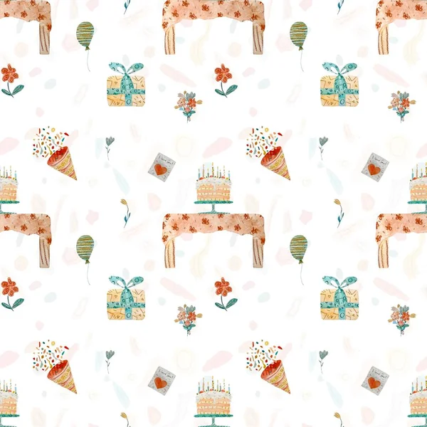 Happy birthday table balloon flower pattern. A watercolor illustration. Hand drawn texture. Isolated on white background. For to use in design, fabrics, prints, textile, cards, invitations, banners.