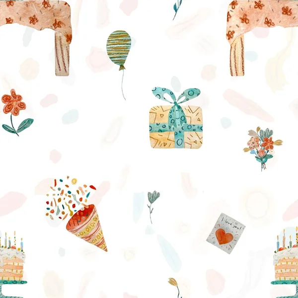 Happy birthday table gift box flower pattern. A watercolor illustration. Hand drawn texture. Isolated on white background. For to use in design, fabrics, prints, textile, cards, invitations, banners.