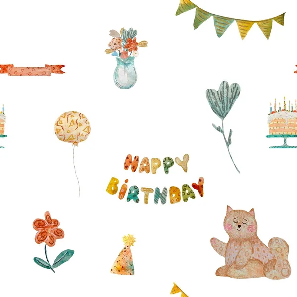 Happy birthday cake cat flower pattern. A watercolor illustration. Hand drawn texture. Isolated on white background. For to use in design, fabrics, prints, textile, cards, invitations, banners. 