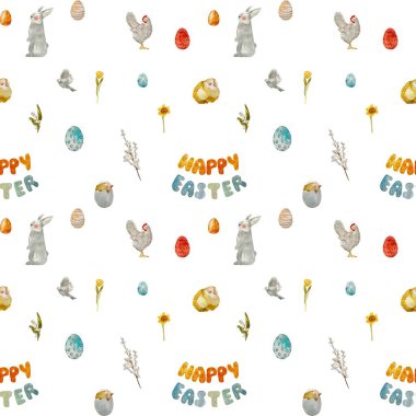 Happy Easter title rabbit flower seamless pattern. A watercolor illustration. Hand drawn texture, isolated cute and simple. For use in design, fabrics, prints, textile, cards, invitations, coupons