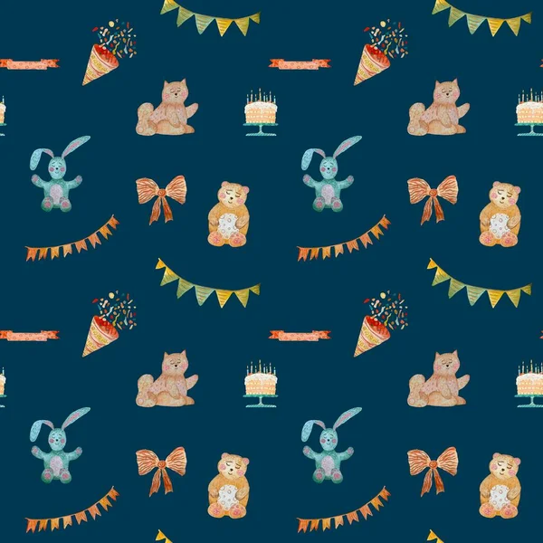 Happy birthday rabbit cat bear toy pattern. A watercolor illustration. Hand drawn texture. Isolated on blue background. For to use in design, fabrics, prints, textile, cards, invitations, banners.