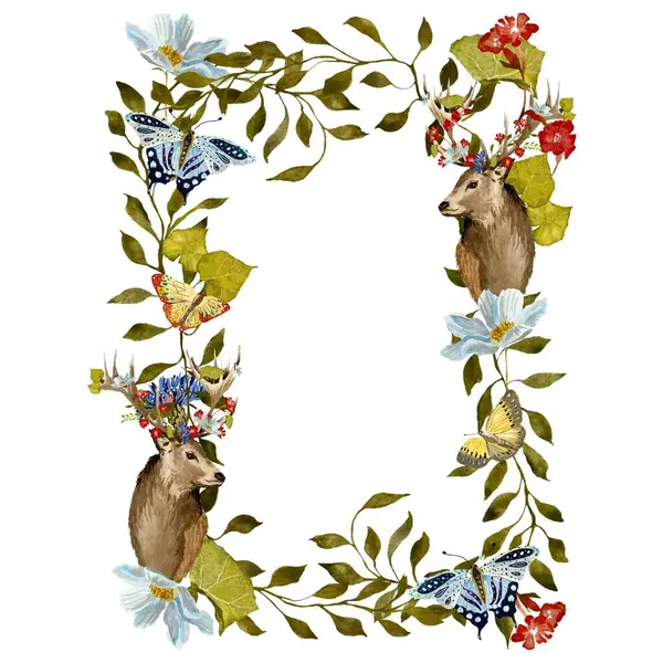 Frame deer flower leave butterfly liana. A watercolor illustration. Hand drawn texture and isolated. For to use in design, fabrics, prints, textile, cards, invitations, banners, coupons, vouchers. 