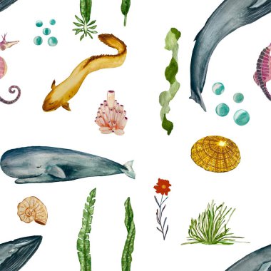 Eel whale seaweed coral ocean pattern. A watercolor isolated illustration. Hand drawn. On white background. Picture for design, home, fabrics, prints, textile, cards, invitations, banner, accessories.