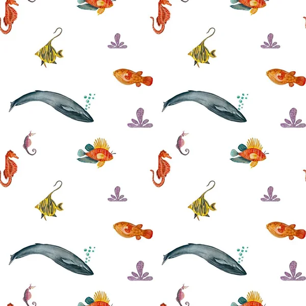 Fish whale sea horse ocean pattern. A watercolor isolated illustration. Hand drawn. On white background. Picture for design, home, fabrics, prints, textile, cards, invitations, banner, accessories