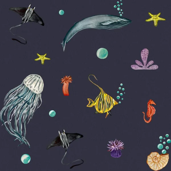 Whale jellyfish fish coral seamless pattern sketch. A watercolor isolated illustration. Hand drawn. On violet background. Picture for design, home, fabrics, prints, textile, cards, invitations, banner