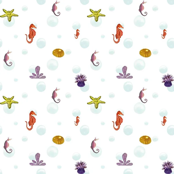 Sea horse starfish bubble ocean seamless pattern. A watercolor isolated illustration. Hand drawn. On white background. Picture for design, home, fabrics, prints, textile, cards, invitations, banner. 