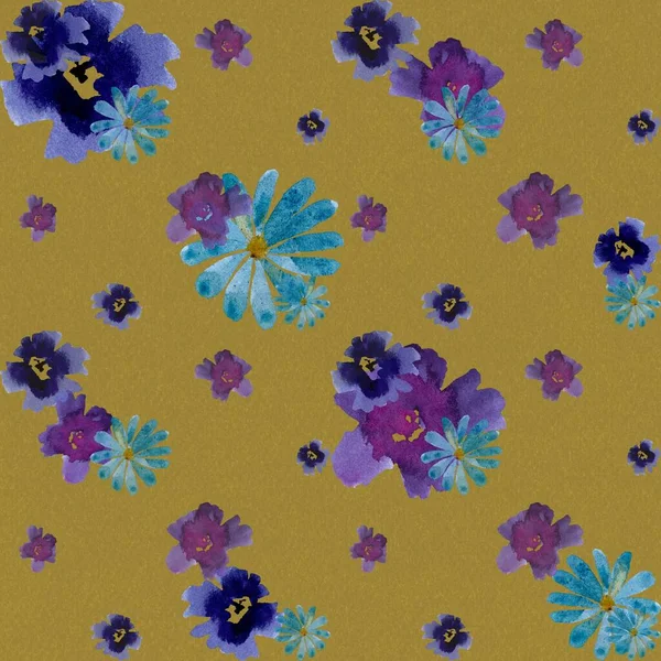 バイオレットビオラデイジーブルーの花黄色のパターン 水彩画です 手描きの質感と隔離 デザイン ファブリック プリント テキスタイル カード 招待状 バナー — ストック写真