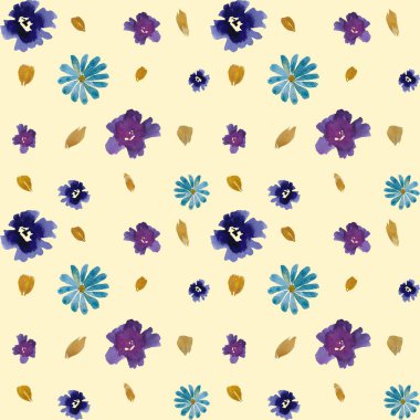 Viola menekşe papatya yaprağı bej desenli. Suluboya çizimi. El yapımı ve izole edilmiş. Tasarım, kumaşlar, baskılar, tekstil, kartlar, davetiyeler, afişler, kuponlar, kuponlar