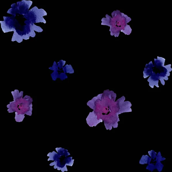 Fioletowy Altówka Kwiat Czarny Bezszwowy Wzór Ilustracja Akwarela Ręcznie Rysowane — Zdjęcie stockowe