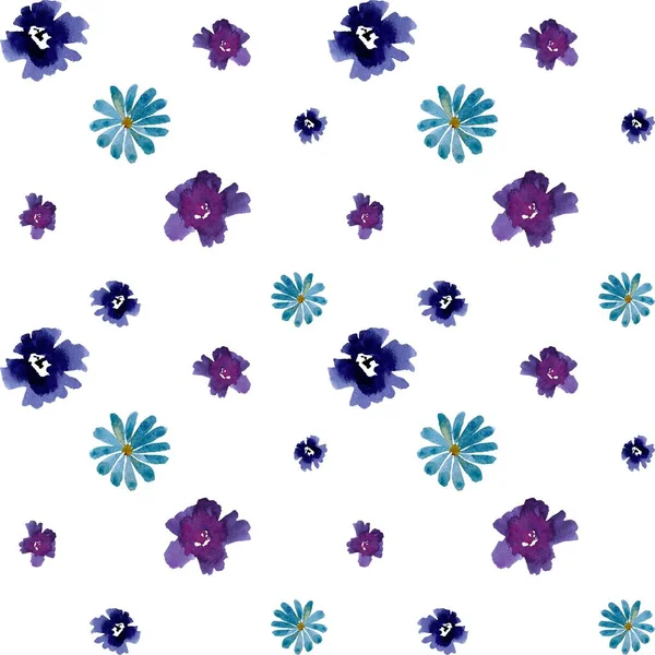 バイオレットビオラ濃い青のデイジーの花のパターン 水彩画です 手描きの質感と隔離 デザイン ファブリック プリント テキスタイル カード 招待状 バナー — ストック写真