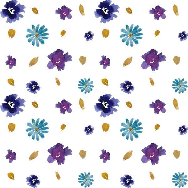 ヴィオラデイジー牡丹の花びらかわいい花のパターン 水彩画です 手描きの質感と隔離 デザイン ファブリック プリント テキスタイル カード 招待状 バナー — ストック写真