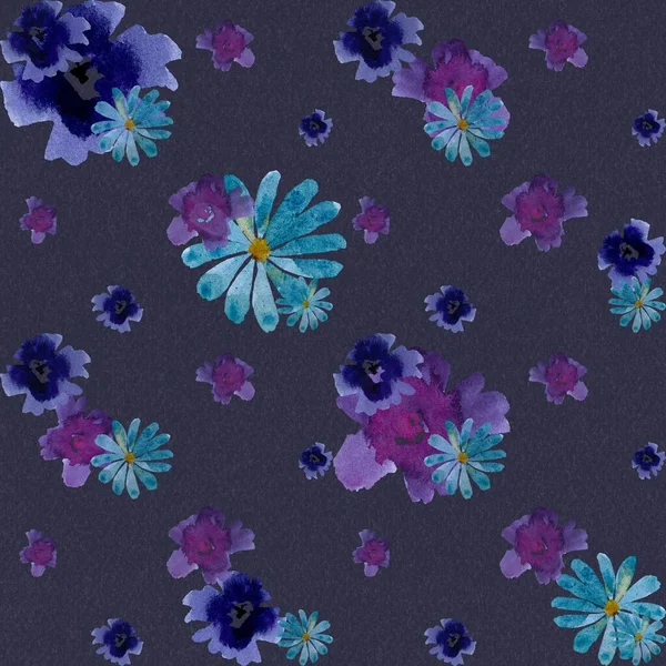 バイオレットビオラデイジー華やかなグレーの花のパターン 水彩画です 手描きの質感と隔離 デザイン ファブリック プリント テキスタイル カード 招待状 バナー — ストック写真