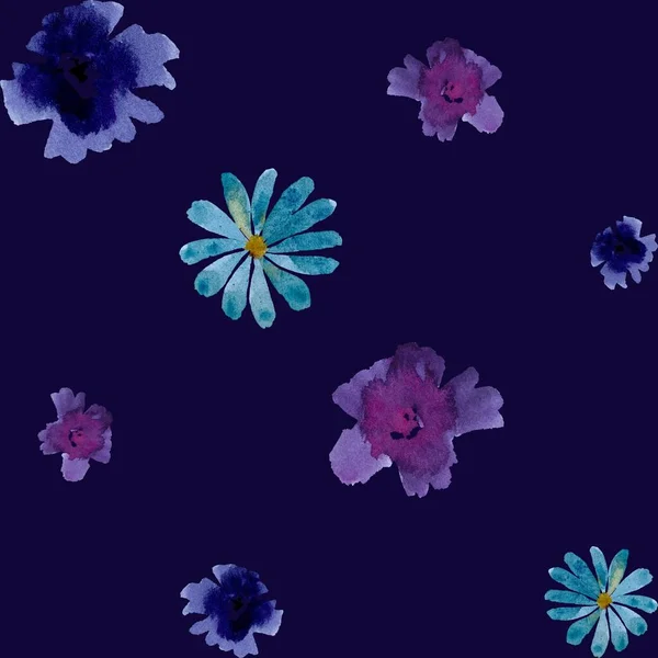 Violet daisy flower blue simple pattern. A watercolor illustration. Hand drawn texture and isolated. For to use in design, fabrics, prints, textile, cards, invitations, banners, coupons, voucher.