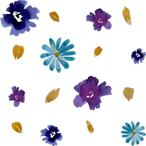 Фиолетовый Цветок Ромашки Пион Желтый Лепесток Узор Акварель Ручной Рисунок — стоковое фото