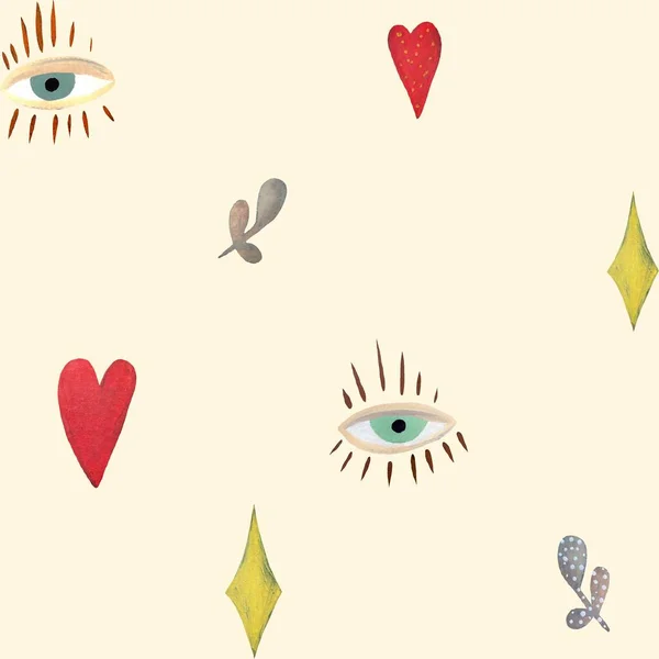 Eye heart esoteric mystic beige pattern sketch. A watercolor illustration. Hand drawn texture and isolated. For to use in design, fabrics, prints, textile, cards, invitations, banners, coupon, voucher