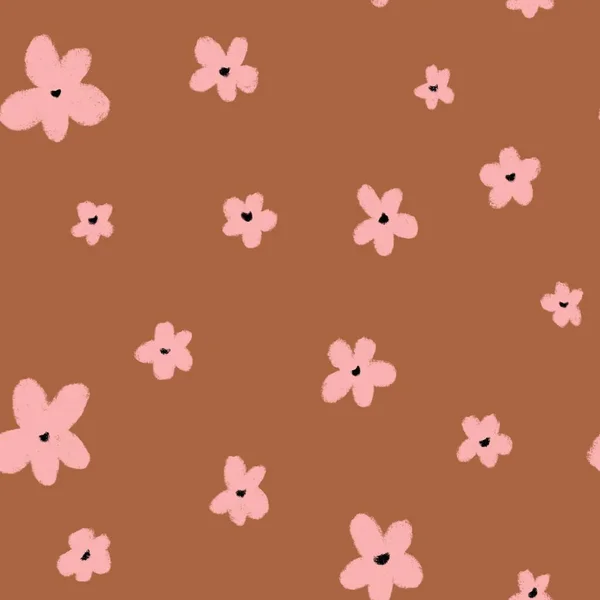 Kwiat Różowy Minimalny Brązowy Bezszwowy Wzór Cyfrowa Ilustracja Ręcznie Rysowane — Zdjęcie stockowe