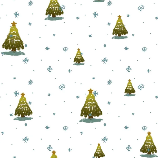 Träd Snö Jul Nyår Enkel Söt Mönster Digital Illustration Handdragen — Stockfoto