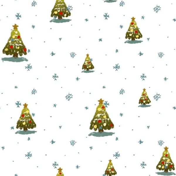 Träd Körtel Snö Jul Nyår Söt Mönster Digital Illustration Handdragen — Stockfoto