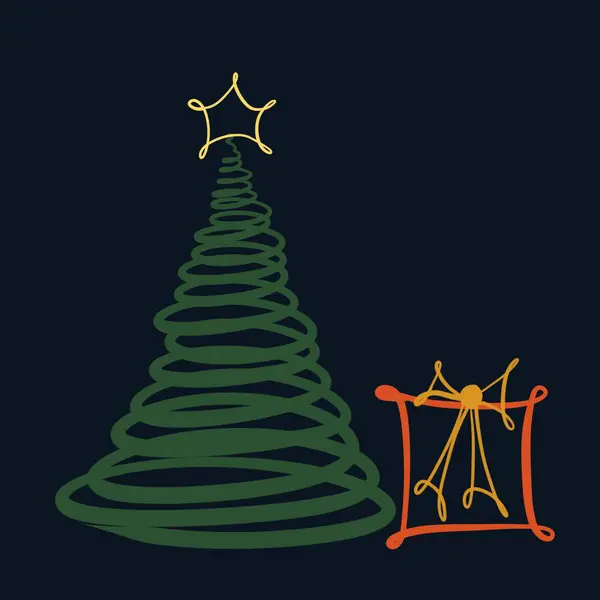 Дерево Рождественский Подарок Звезда Коробка Милый Черный Скетч Цифровая Иллюстрация — стоковое фото