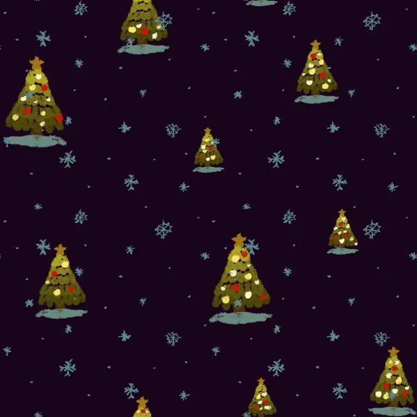 Strom Věnce Sníh Nový Rok Tmavý Bezešvé Vzor Digitální Ilustrace — Stock fotografie