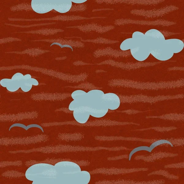 Cloud Bird Sky Wave Red Child Seamless Pattern Digital Illustration — Stock Photo, Image