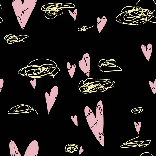Scribble Розовое Сердце Написано Черной Бесшовной Картины Цифровая Иллюстрация Ручной — стоковое фото