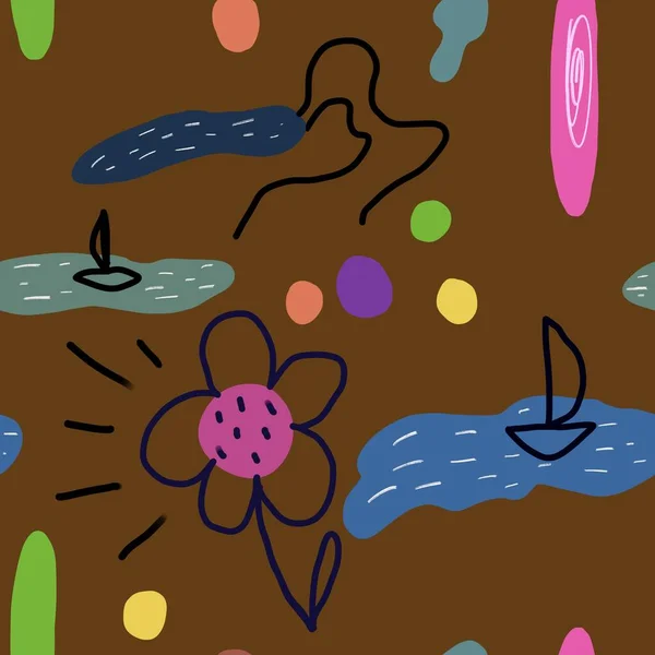 Цветочные Морские Каракули Милый Абстрактный Коричневый Бесшовный Рисунок Цифровая Иллюстрация — стоковое фото