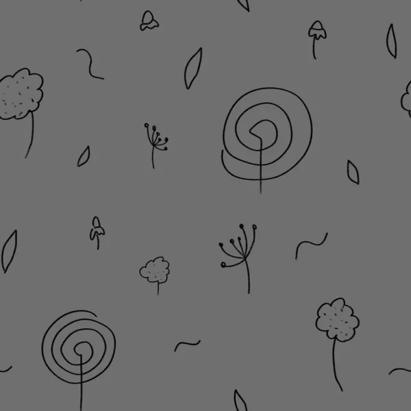 Квіти Спіральні Каракулі Простий Сірий Кумедний Безшовний Візерунок Цифрова Ілюстрація — стокове фото