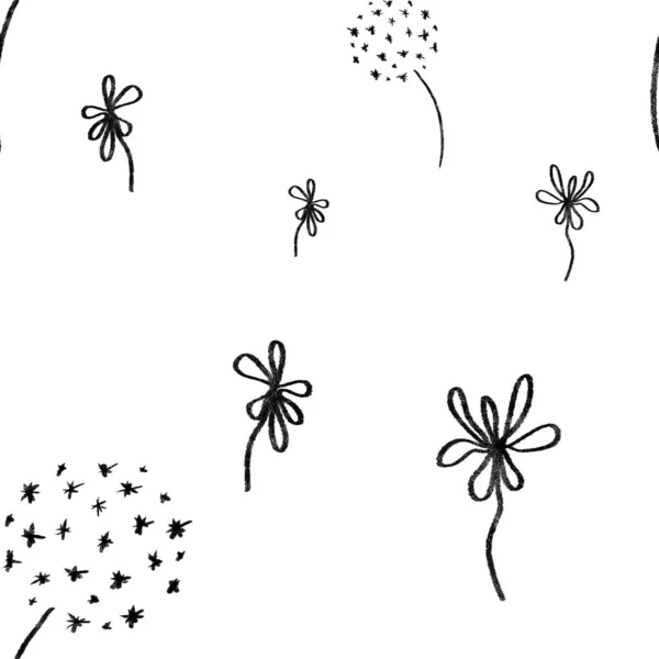 花の黒い白のスケッチエレガントなかわいいシームレスなパターン デジタルイラスト 手描きの質感と隔離 デザイン ファブリック プリント テキスタイル カード 招待状 バナー — ストック写真