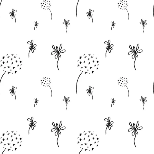 花の黒い白いスケッチシンプルなかわいいシームレスなパターン デジタルイラスト 手描きの質感と隔離 デザイン ファブリック プリント テキスタイル カード 招待状 バナー — ストック写真