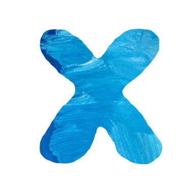 X harfi büyük harf alfabesi mavi dokulu kesilmiş. Madalyalı çizgiler, vuruşlar ve izler. Gouache karışık medya illüstrasyonu. Soyut karalama ve karalama. Tasarım, kumaşlar, baskılar, tekstil için. 