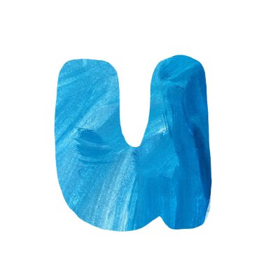 Büyük harf U alfabesi mavi desenli kesilmiş. Madalyalı çizgiler, vuruşlar ve izler. Gouache karışık medya illüstrasyonu. Soyut karalama ve karalama. Tasarım, kumaşlar, baskılar, tekstil için. 