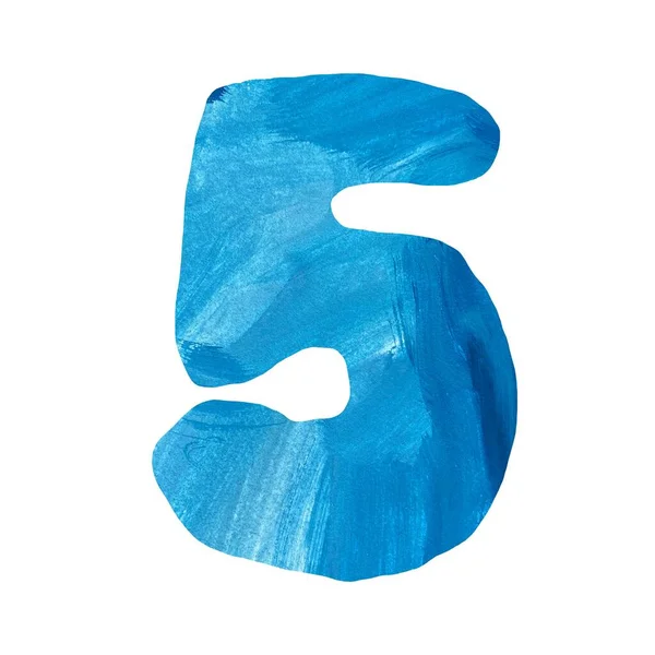 Número Cinco Azul Recortado Gouache Acuarela Ilustración Dibujada Mano Líneas —  Fotos de Stock