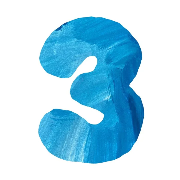 Číslo Tři Modrá Vystřihl Akvarel Gouache Ručně Kreslené Ilustrace Zdobené — Stock fotografie