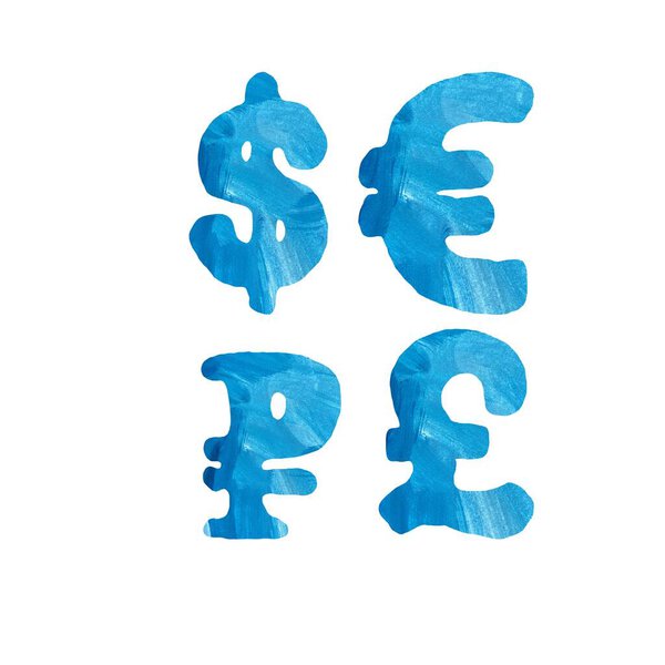 Currency icons set cut out blue watercolor gouache hand drawn illustration. Decorated lines, strokes and marks. Mixed media sketch. Abstract scribble and doodle. For to use in design, fabrics, prints.