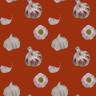 Sarımsak karanfili menekşe grisi, kırmızı eskiz deseni. Suluboya el çizimi çizimi. Yemek kitabı, mutfak tasarımı, menü, giysi, tekstil, duvar kağıdı, peçete için kullan.. 