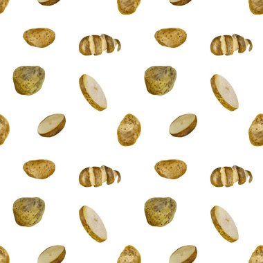Patates parçasının yarısı suluboya resimleme deseni. El yapımı doku. İzole edilmiş beyaz arka plan. Tasarım, kumaşlar, baskılar, tekstil, kartlar, davetiyeler, afişler, kuponlar, kuponlar.